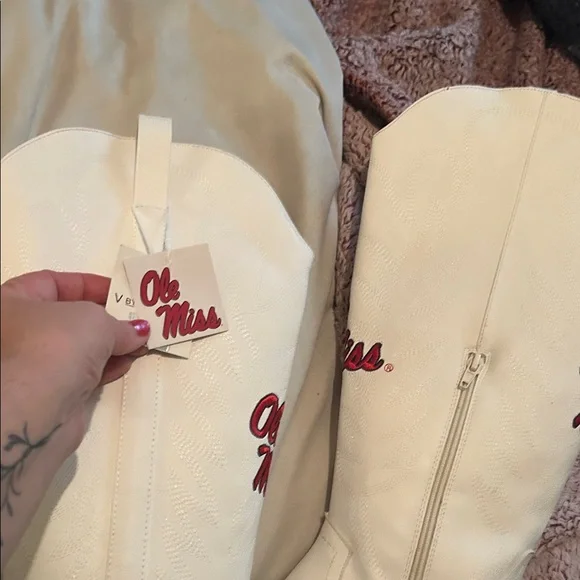 Ole Miss Women's Cream Heeled Boots with Red Embroidery - Picture 2 of 6